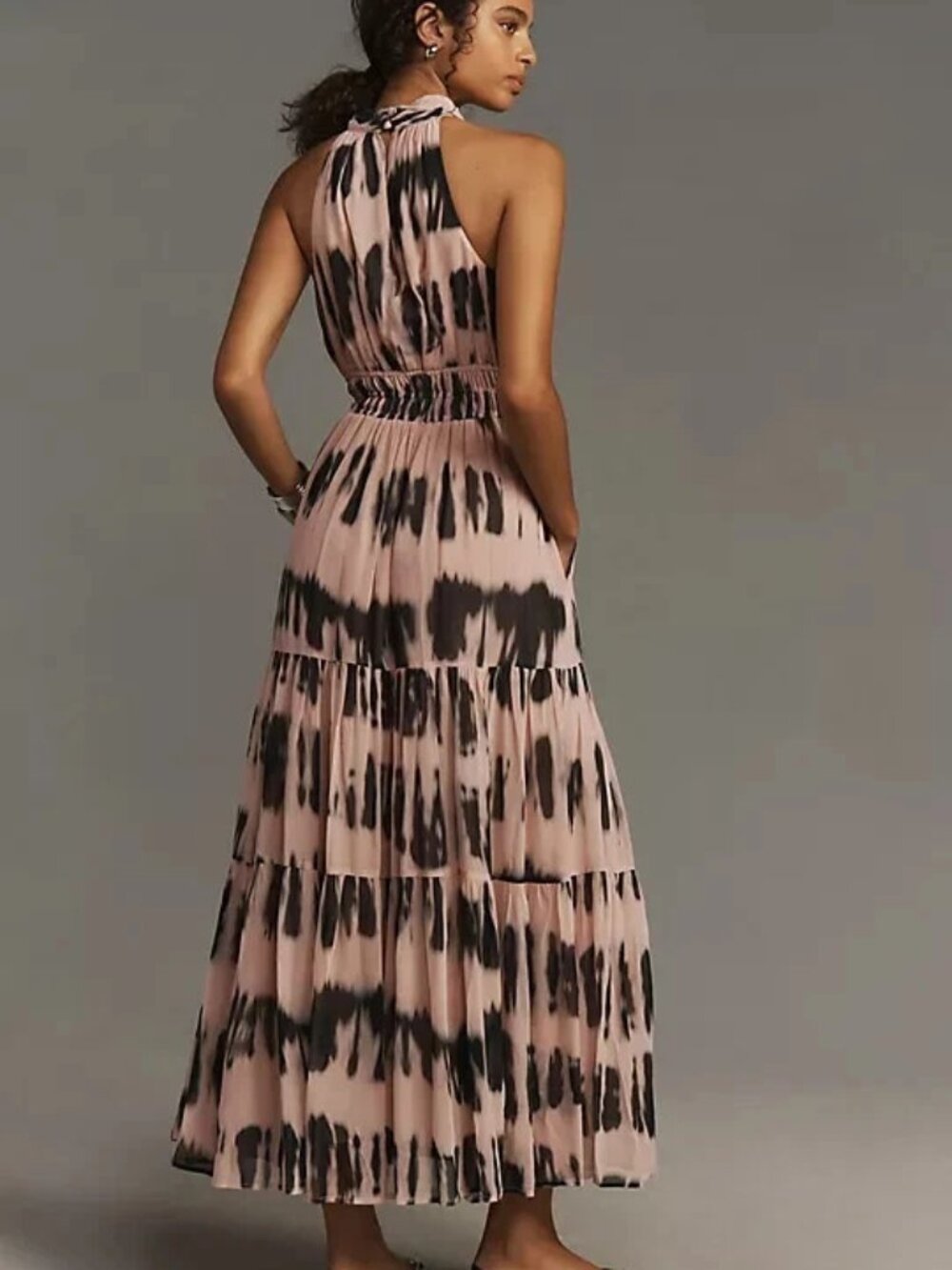 NWT ANTHROPOLOGIE Somerset Maxi Halter Edition Ruffle Chiffon Neutral Motif‎ LRG - Picture 2 of 7